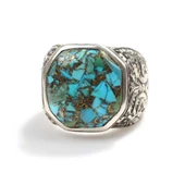 925 Ayar Gümüş El Kalemi İşlemeli Kolu & Damarlı Firuze Taşlı Erkek Yüzüğü thumbnail 5