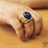 925 Ayar Gümüş Oval Sentetik Safir Taşlı Erkek Yüzüğü thumbnail 1