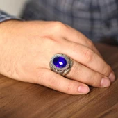 925 Ayar Gümüş Oval Sentetik Safir Taşlı İşlemeli Kollu Erkek Yüzük thumbnail 8