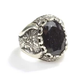 925 Ayar Gümüş Oval Kök Safir Taşlı Elişi Kalemli Erkek Yüzük thumbnail 3