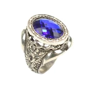 925 Ayar Gümüş Oval Sentetik Safir Taşlı İşlemeli Kollu Erkek Yüzük thumbnail 3