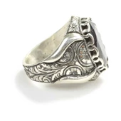 925 Ayar Gümüş Oval Kök Safir Taşlı Elişi Kalemli Erkek Yüzük thumbnail 4