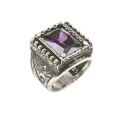 925 Ayar Gümüş Dikdörtgen Ametist Taşlı İşlemeli Erkek Yüzük thumbnail 2