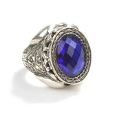 925 Ayar Gümüş Oval Sentetik Safir Taşlı İşlemeli Kollu Erkek Yüzük thumbnail 4