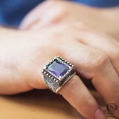 925 Ayar Gümüş Dikdörtgen Ametist Taşlı İşlemeli Erkek Yüzük thumbnail 1