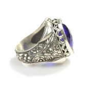 925 Ayar Gümüş Oval Sentetik Safir Taşlı İşlemeli Kollu Erkek Yüzük thumbnail 5