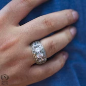 925 Ayar Gümüş 4 lü Zirkon Taşlı Elişi Kalemli Erkek Yüzük thumbnail 1