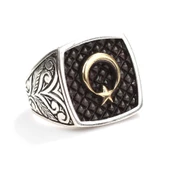 925 Ayar Gümüş Ay Yıldız Kolları İşlemeli Erkek Yüzük thumbnail 2