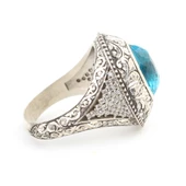 Gümüş Oval Akuamarin Taşlı Kalemli Erkek Yüzüğü thumbnail 5