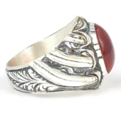 925 Ayar Gümüş Kırmızı Sıkma Kehribar Taşlı Elişi Kalemli Erkek Yüzük thumbnail 3