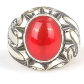 925 Ayar Gümüş Kırmızı Sıkma Kehribar Taşlı Elişi Kalemli Erkek Yüzük thumbnail 4