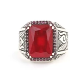 Gümüş Sentetik Yakut Taşlı Erkek Yüzüğü - 4