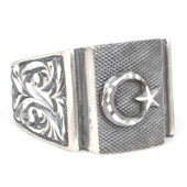 925 Ayar Gümüş Dikdörtgen Kaş Ay Yıldızlı Erkek Yüzük thumbnail 2