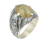 925 Ayar Gümüş Yeşil Renkli Sıkma Kehribar Taşlı Elişi Kalemli Erkek Yüzük thumbnail 1