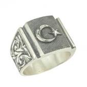 925 Ayar Gümüş Dikdörtgen Kaş Ay Yıldızlı Erkek Yüzük thumbnail 1