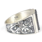 925 Ayar Gümüş Dikdörtgen Kaşlı Elif Figürlü Elişi Kalemli Yüzük thumbnail 3