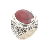 925 Ayar Gümüş Kök Yakut Taşlı İşlemeli Kalemli Erkek Yüzüğü - 1