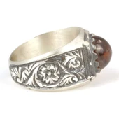 925 Ayar Gümüş Yuvarlak Sıkma Kehribar Taşlı Elişi Kalemli Erkek Yüzük thumbnail 3