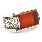 925 Ayar Gümüş Gerçek Akik Taşlı Kalemli Erkek Yüzüğü thumbnail 2