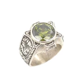 925 Ayar Gümüş Yuvarlak Peridot Taşlı Kalemli Erkek Yüzük - 1
