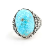 925 Ayar Gümüş Gerçek Turkuaz Taşlı Minik Çiçek Desenli Erkek Yüzüğü thumbnail 4