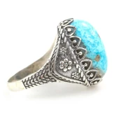 925 Ayar Gümüş Gerçek Turkuaz Taşlı Minik Çiçek Desenli Erkek Yüzüğü thumbnail 3