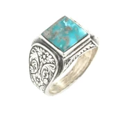 925 Ayar Gümüş El Kalemli Kare Gerçek Turkuaz Taş Erkek Yüzüğü thumbnail 1