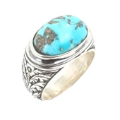 925 Ayar Gümüş Gerçek Turkuaz Taşlı El Kalemli Oval Erkek Yüzüğü thumbnail 1