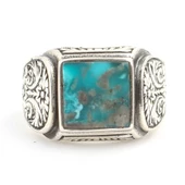 925 Ayar Gümüş El Kalemli Kare Gerçek Turkuaz Taş Erkek Yüzüğü thumbnail 4