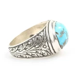 925 Ayar Gümüş Gerçek Turkuaz Taşlı El Kalemli Oval Erkek Yüzüğü thumbnail 3