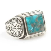 925 Ayar Gümüş El Kalemli Kare Gerçek Turkuaz Taş Erkek Yüzüğü thumbnail 2