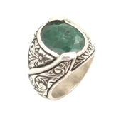 925 Ayar Gümüş Kök Zümrüt Taşlı Elişi Kalemli Yüzük thumbnail 1