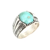 925 Ayar Gümüş Gerçek Turkuaz Taşlı El Kalemli Erkek Yüzüğü thumbnail 1