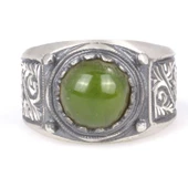 925 Ayar Gümüş Yeşil Sıkma Kehribar Taşlı Elişi Kalemli Erkek Yüzük thumbnail 4