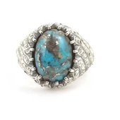 925 Ayar Gümüş El Kalemli Oval Gerçek Turkuaz Taşlı Erkek Yüzük thumbnail 4