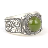 925 Ayar Gümüş Yeşil Sıkma Kehribar Taşlı Elişi Kalemli Erkek Yüzük thumbnail 2