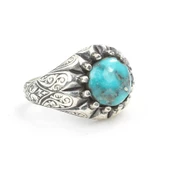 925 Ayar Gümüş Tırnaklı Gerçek Turkuaz Taşlı El Kalemli Erkek Yüzüğü thumbnail 2