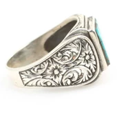 925 Ayar Gümüş El Kalemli Kare Gerçek Turkuaz Taş Erkek Yüzüğü thumbnail 3