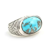 925 Ayar Gümüş Gerçek Turkuaz Taşlı El Kalemli Oval Erkek Yüzüğü thumbnail 2