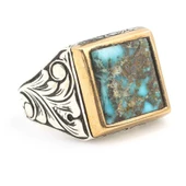 925 Ayar Gümüş Gerçek Turkuaz Taşlı Erkek Yüzüğü thumbnail 2