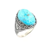 925 Ayar Gümüş Gerçek Turkuaz Taşlı Minik Çiçek Desenli Erkek Yüzüğü thumbnail 1