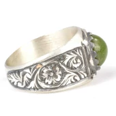 925 Ayar Gümüş Yeşil Sıkma Kehribar Taşlı Elişi Kalemli Erkek Yüzük thumbnail 3