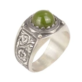 925 Ayar Gümüş Yeşil Sıkma Kehribar Taşlı Elişi Kalemli Erkek Yüzük thumbnail 1