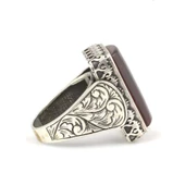 925 Ayar Gümüş El Kalemli Kırmızı Renk Sıkma Kehribar Erkek Yüzüğü thumbnail 3