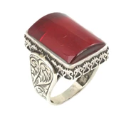 925 Ayar Gümüş El Kalemli Kırmızı Renk Sıkma Kehribar Erkek Yüzüğü thumbnail 1