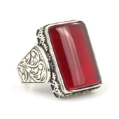 925 Ayar Gümüş El Kalemli Kırmızı Renk Sıkma Kehribar Erkek Yüzüğü thumbnail 2