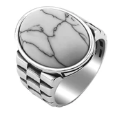 Beyaz Firuze Taşlı Saat Kordon Tasarımlı Gümüş Erkek Yüzük thumbnail 3