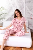 Yazlık Pamuklu Biyeli Önden Düğmeli Kısa Kol Retro Pijama Takımı - 4