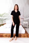 Yazlık Pamuklu Biyeli Önden Düğmeli Kısa Kol Retro Pijama Takımı - 9