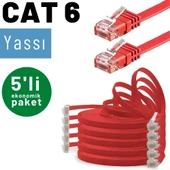 5 adet IRENIS CAT6 Kablo Yassı Ethernet Network Lan Ağ Kablosu  5 Metre Kırmızı - 2